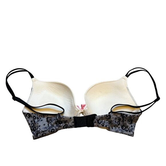 Victorias Secret Push-Up Lace Trim Bra White Black Pink Bow 32C - Picture 2 of 4